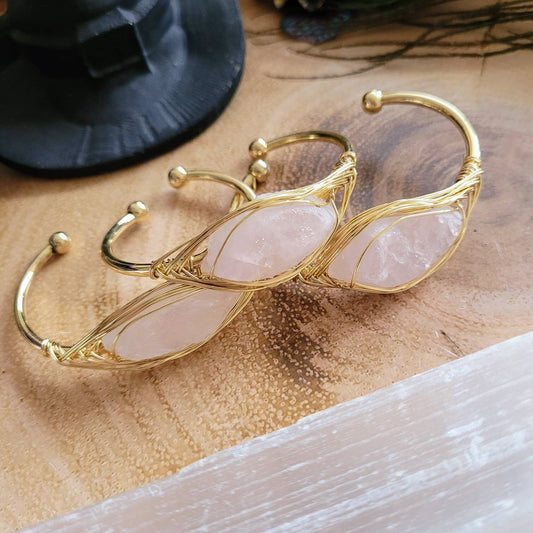 Rose quartz cuff bracelet for women cuff bangle wire wrapped crystal healing gift for her witchy jewellery heart chakra jewelry