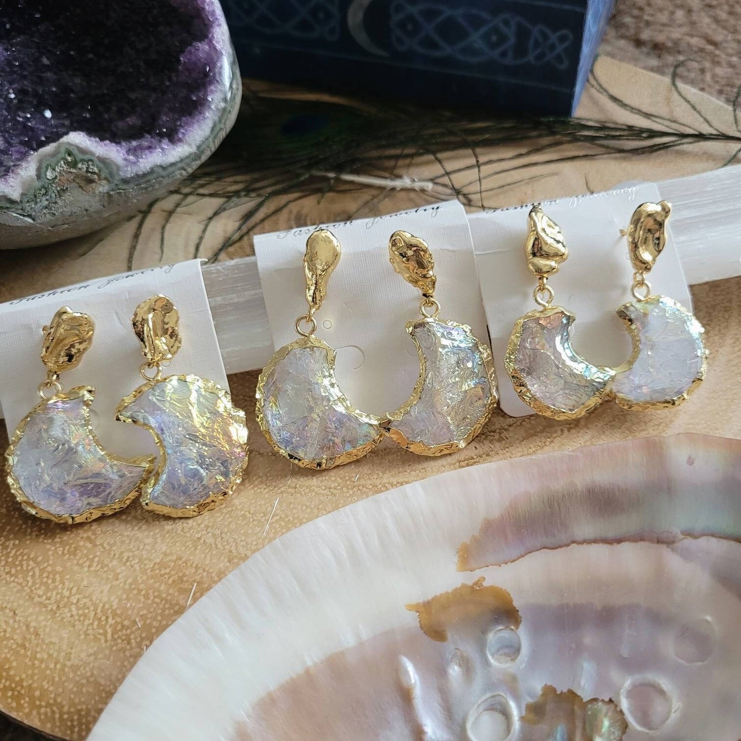 Angel aura quartz earrings quarter crescent moon crystal healing witchy jewellery gift for her gemstone jewelry