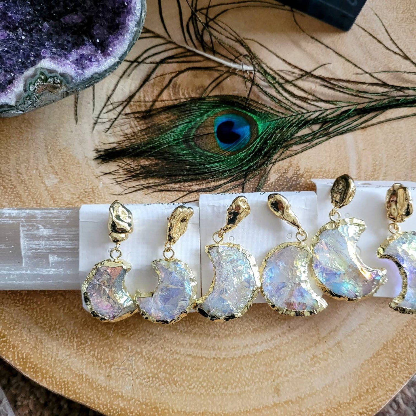 Angel aura quartz earrings quarter crescent moon crystal healing witchy jewellery gift for her gemstone jewelry