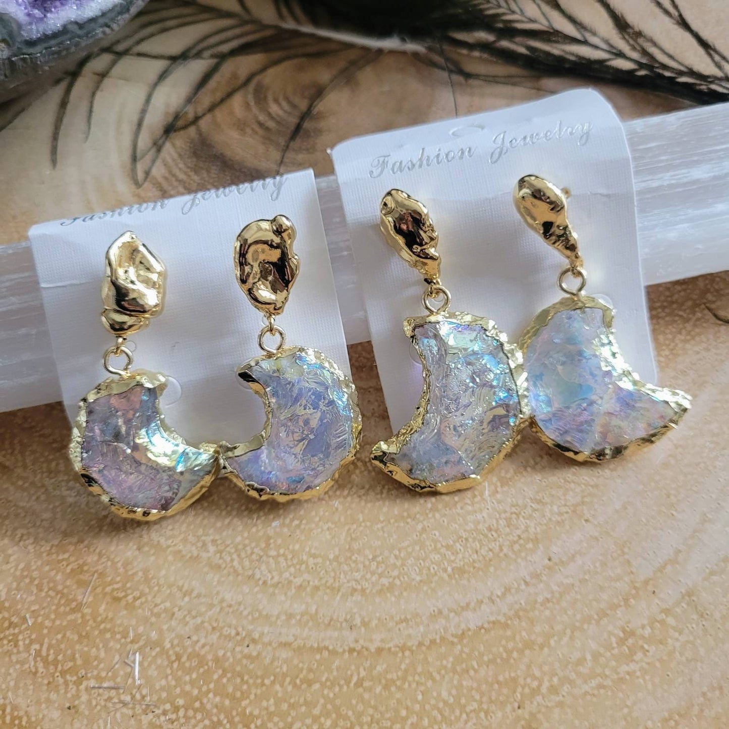Angel aura quartz earrings quarter crescent moon crystal healing witchy jewellery gift for her gemstone jewelry