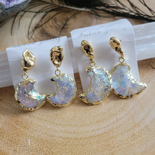 Angel aura quartz earrings quarter crescent moon crystal healing witchy jewellery gift for her gemstone jewelry