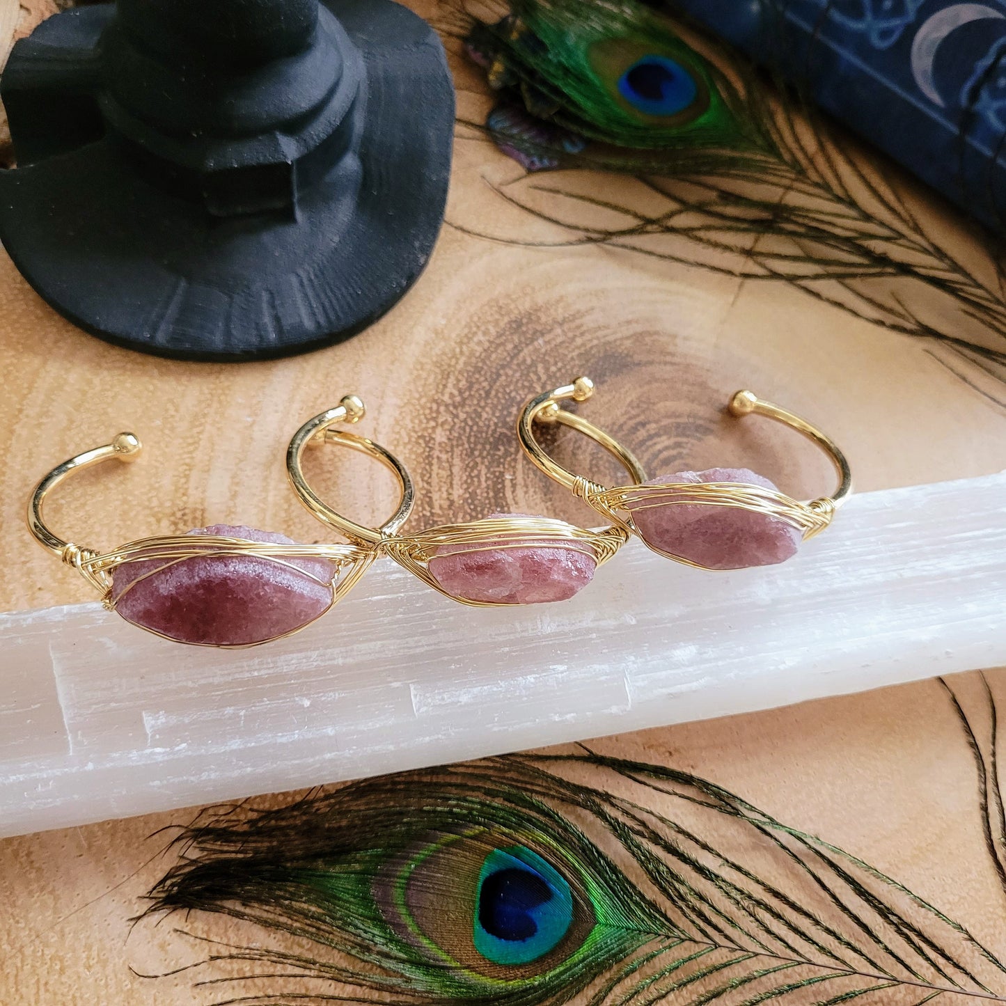 Strawberry quartz cuff bracelet bangle raw stone jewelry for her crystal healing witchy jewellery for women heart chakra