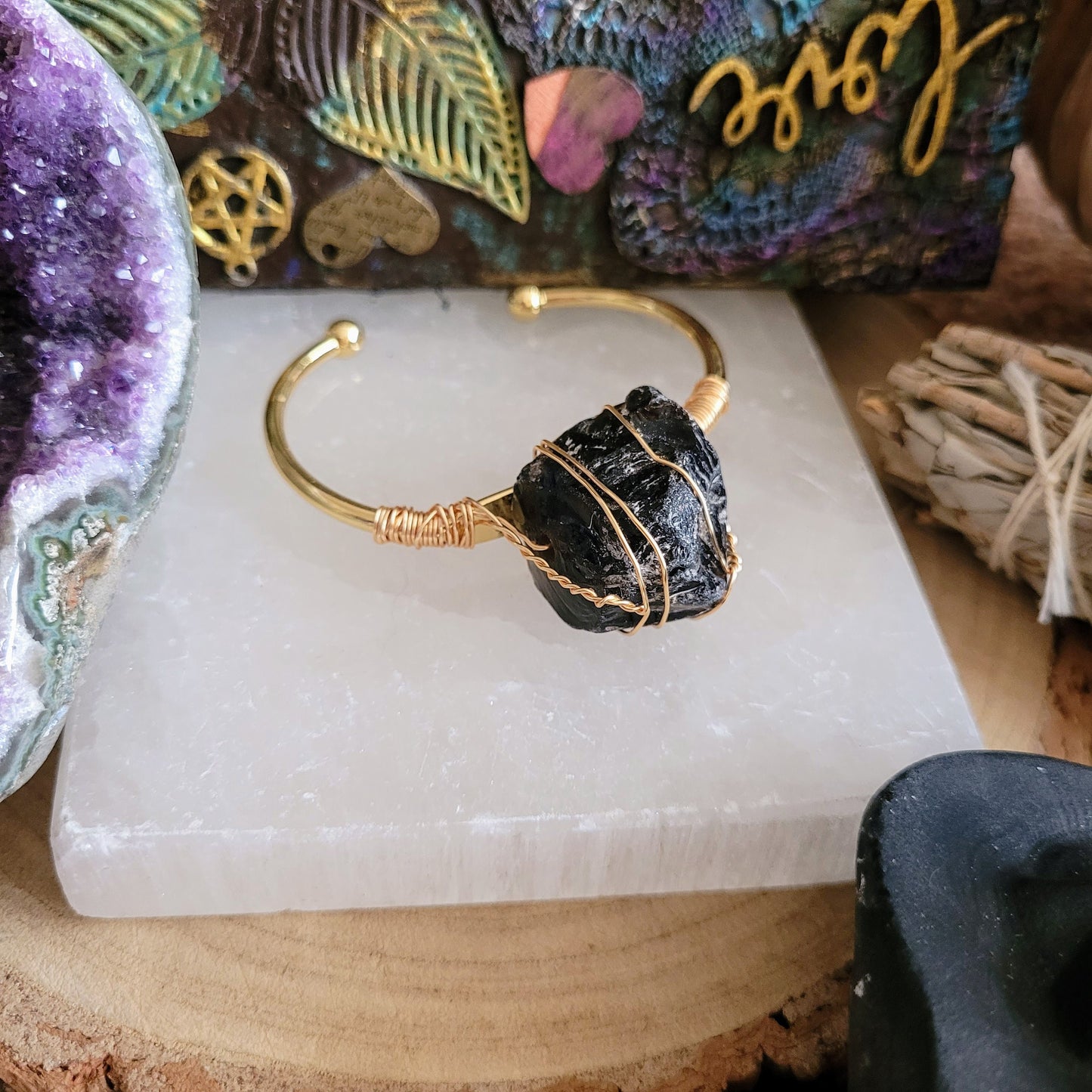 Smoky Quartz bracelet cuff wire wrapped raw stone bangle for women gift for her crystal healing jewellery witchy jewelry
