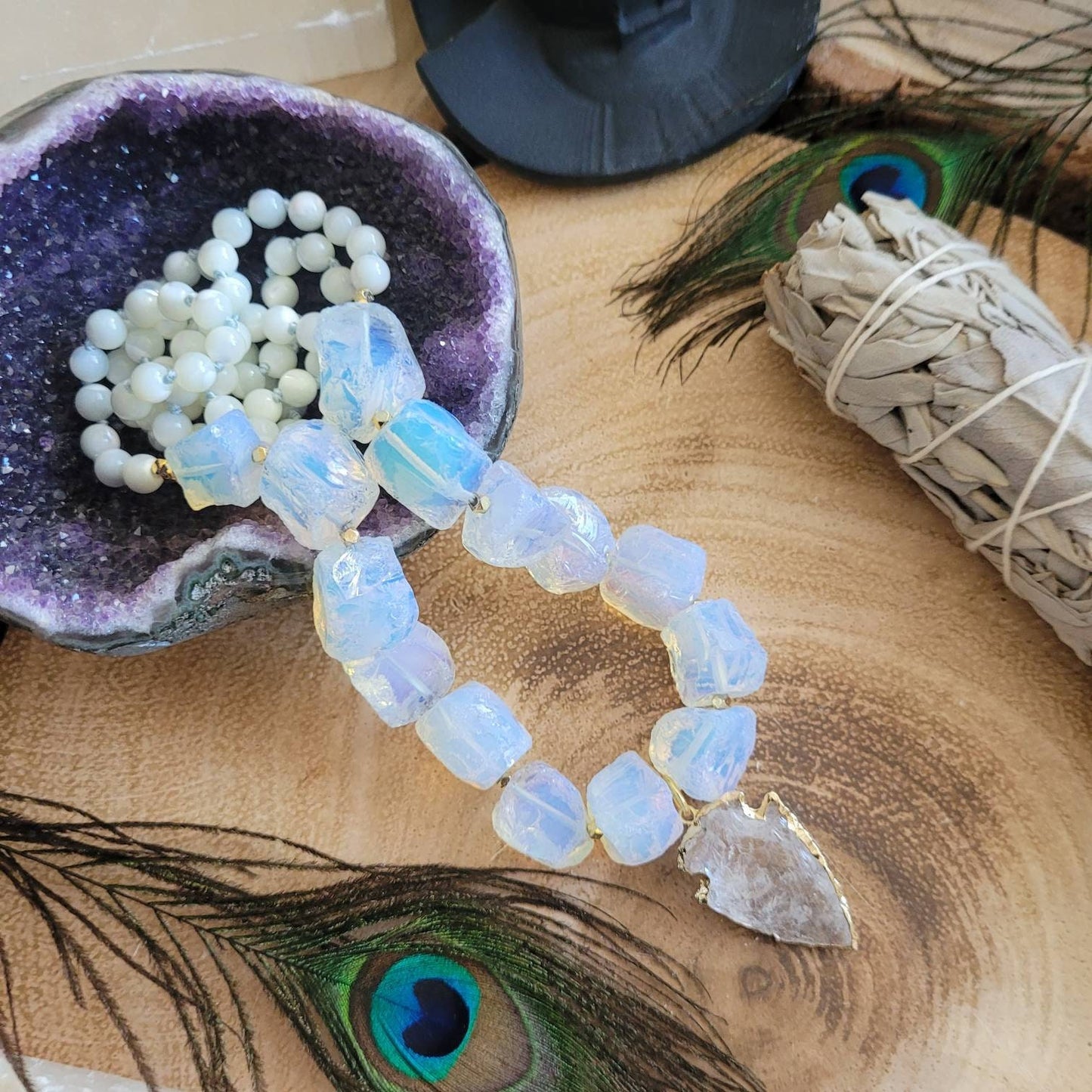 Opalite and pearl necklace with clear quartz arrow head pendant crystal healing witchy jewellery gift for her jewelry for women