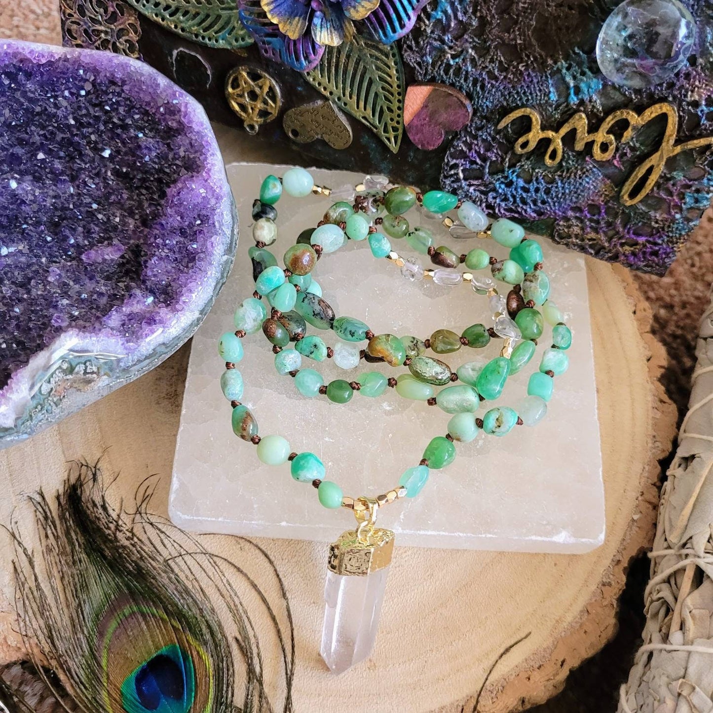 Chrysoprase necklace clear quartz point pendant crystal healing jewellery gift for him or her necklace for women or men witchy jewelry
