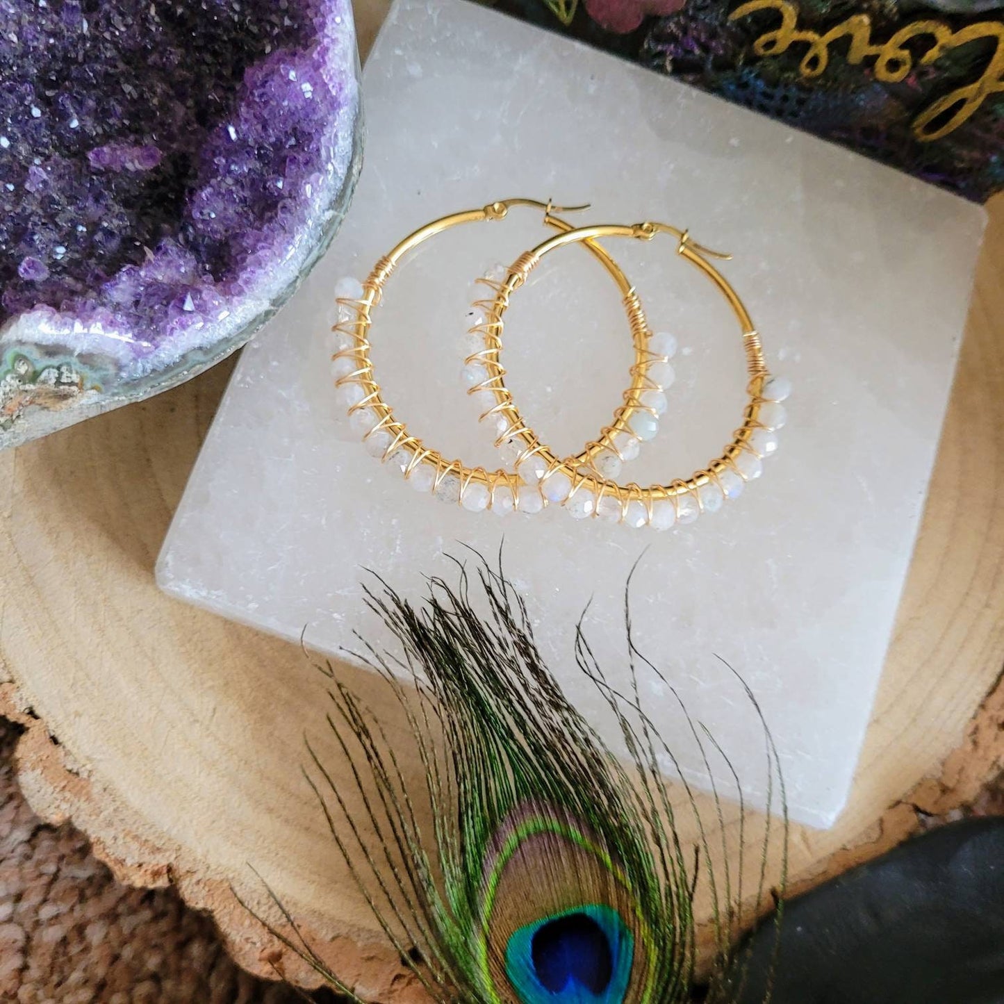 Rainbow Moonstone earrings large hoop crystal healing  jewellery natural stone gemstone jewelry gift for her