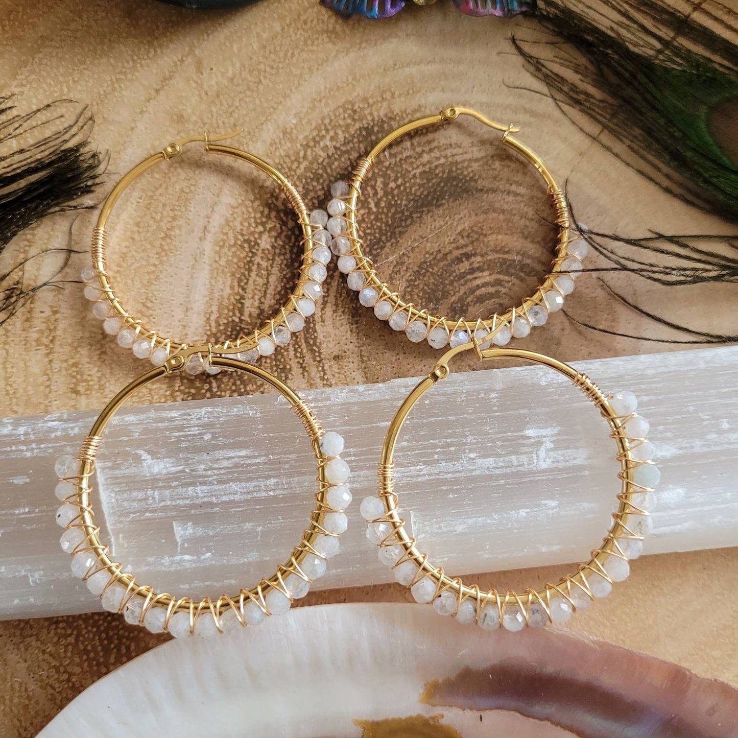 Rainbow Moonstone earrings large hoop crystal healing  jewellery natural stone gemstone jewelry gift for her