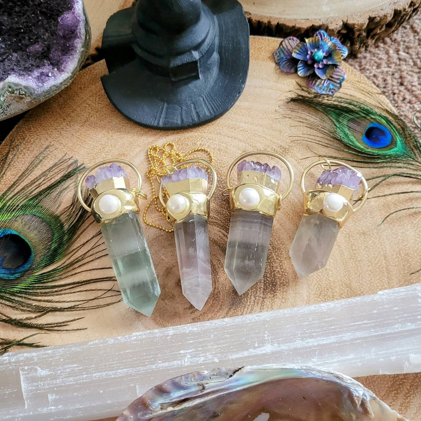Pastel fluorite point with mother of pearl and amethyst cluster pendant necklace for women witchy crystal healing gift for her