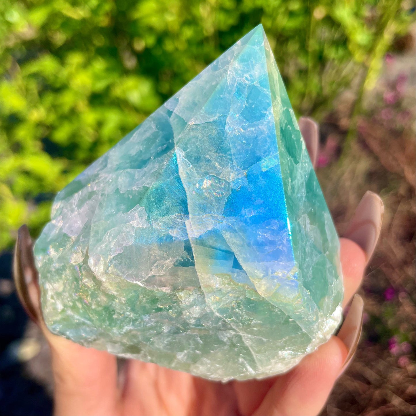 Sea Green Fluorite Aura Tower Half Polished Point 300-350g