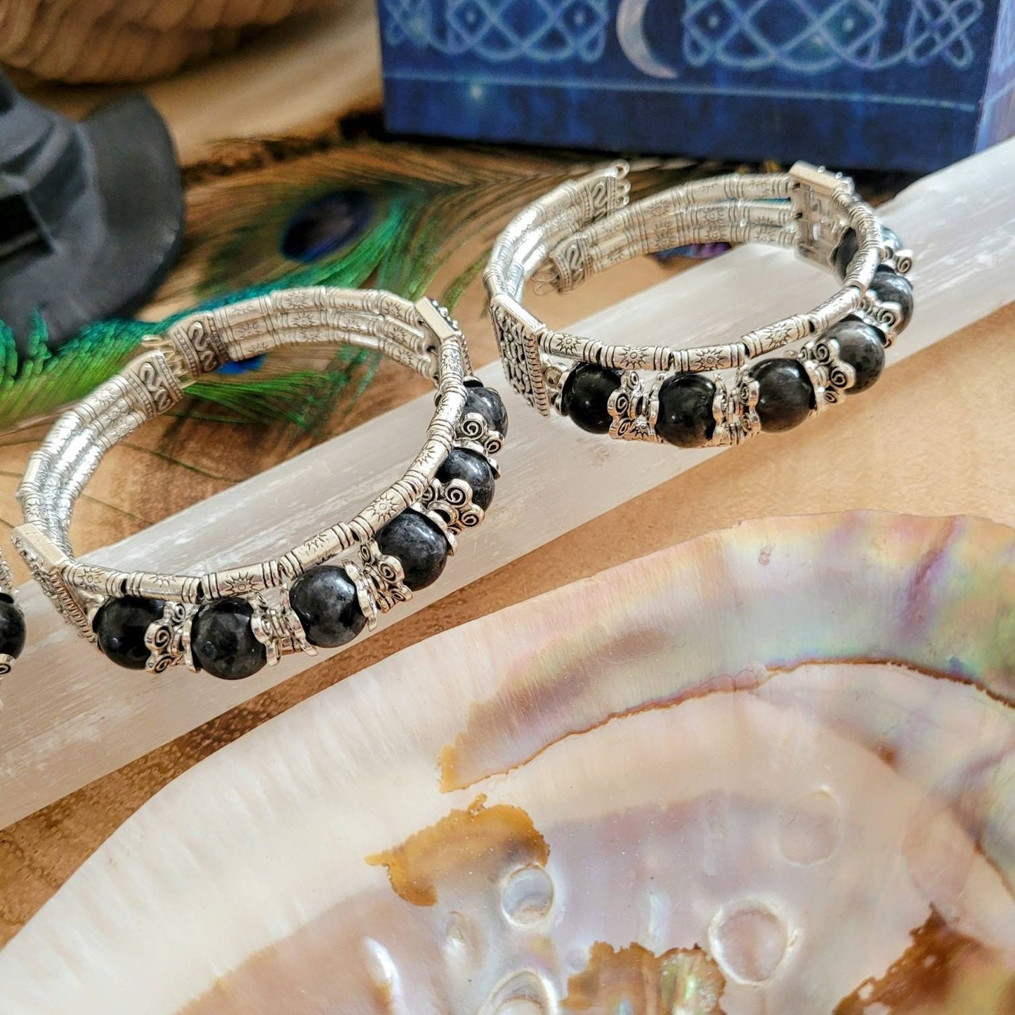 Larvikite Bracelet crystal healing natural stone cuff style witchy jewellery gift for her jewelry for women