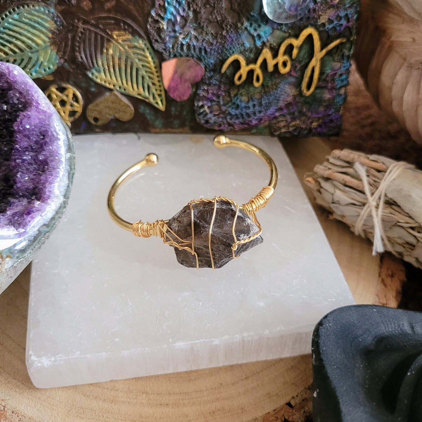 Smoky Quartz bracelet cuff wire wrapped raw stone bangle for women gift for her crystal healing jewellery witchy jewelry