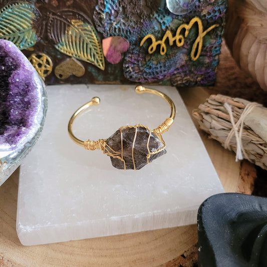 Smoky Quartz bracelet cuff wire wrapped raw stone bangle for women gift for her crystal healing jewellery witchy jewelry