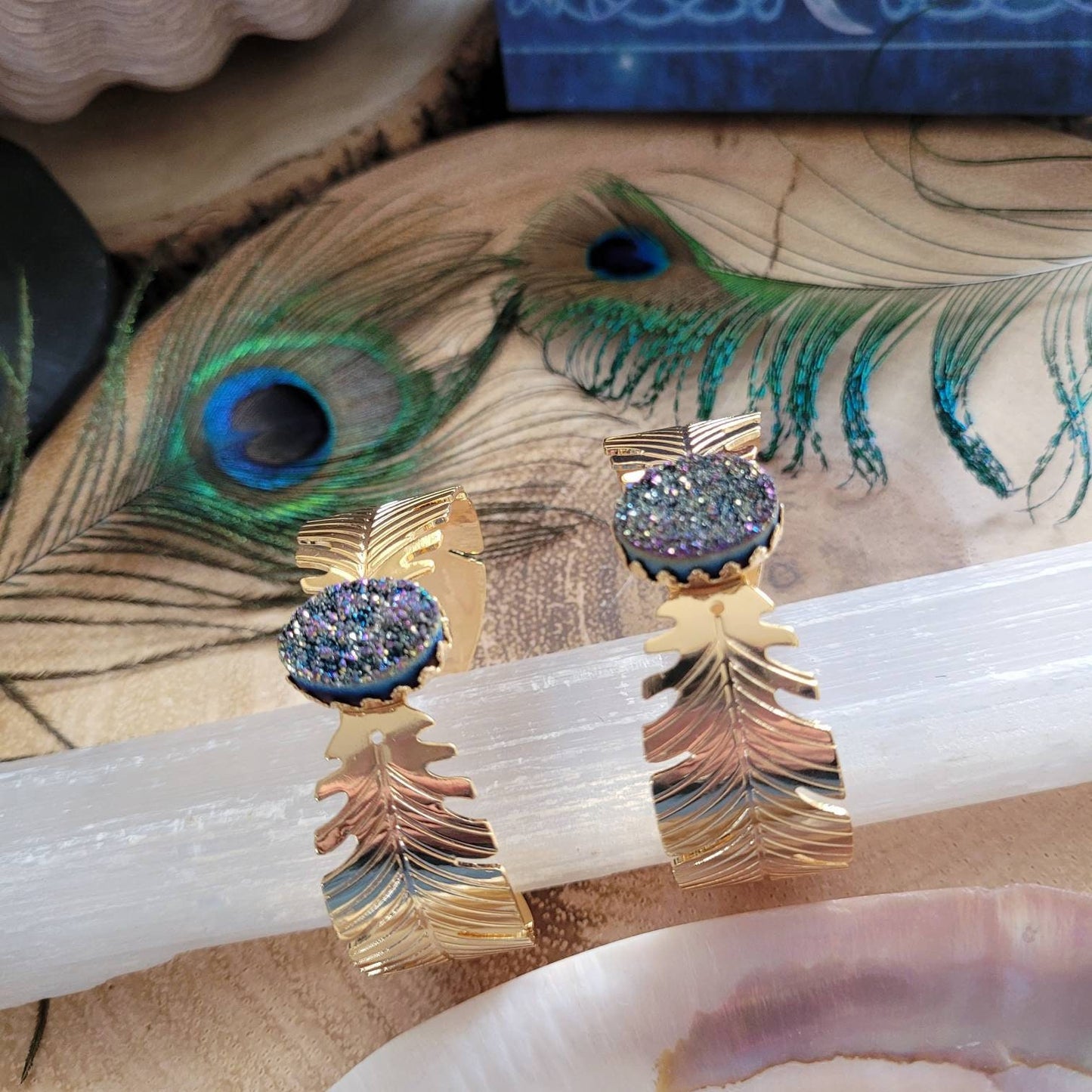 Druzy rainbow quartz cuff bangle bracelet Crystal healing gift for her natural Stone sparkly jewellery for women witchy jewelry