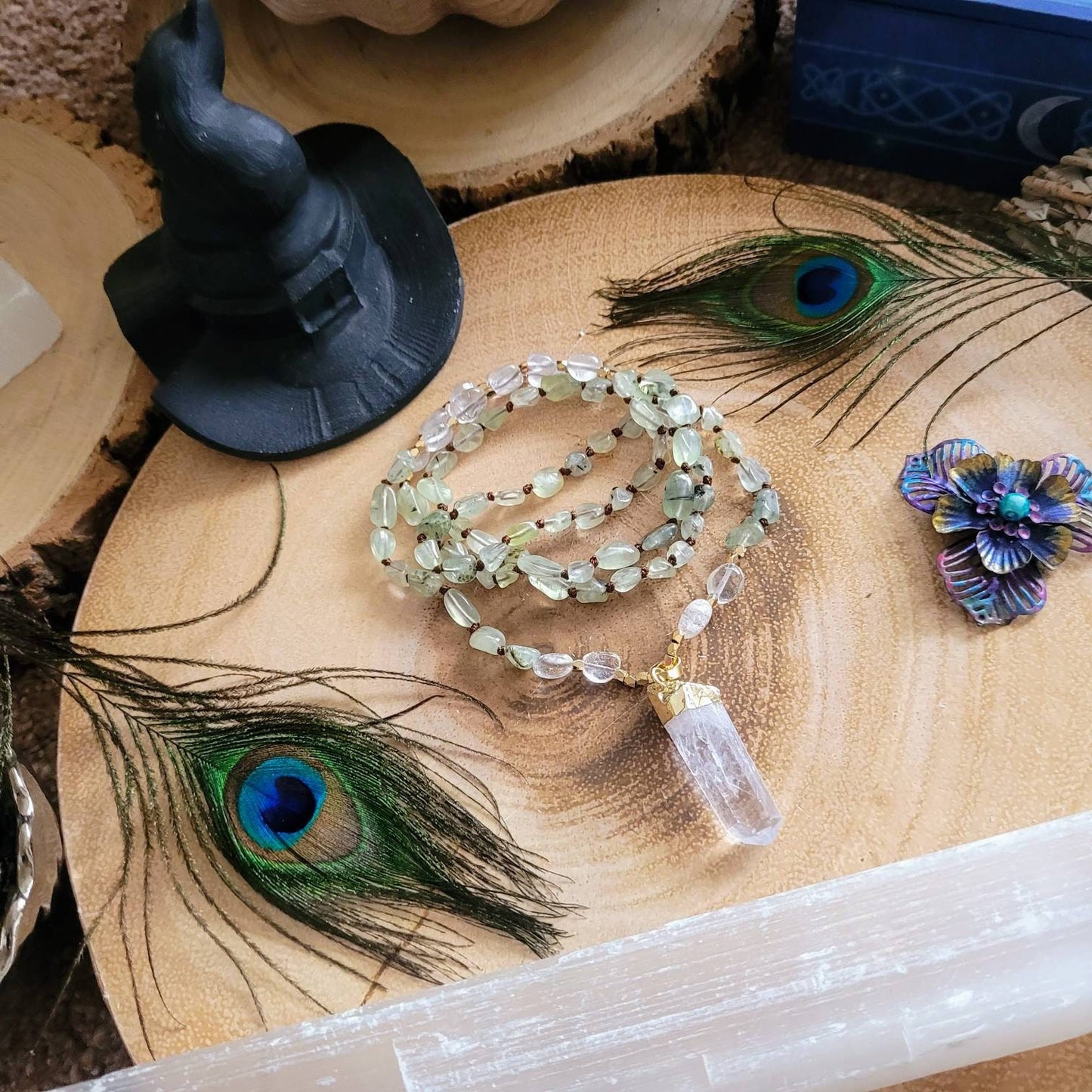 Prehnite necklace with Clear Quartz point pendant gift for him or her heart chakra jewellery for men or women witchy jewelry