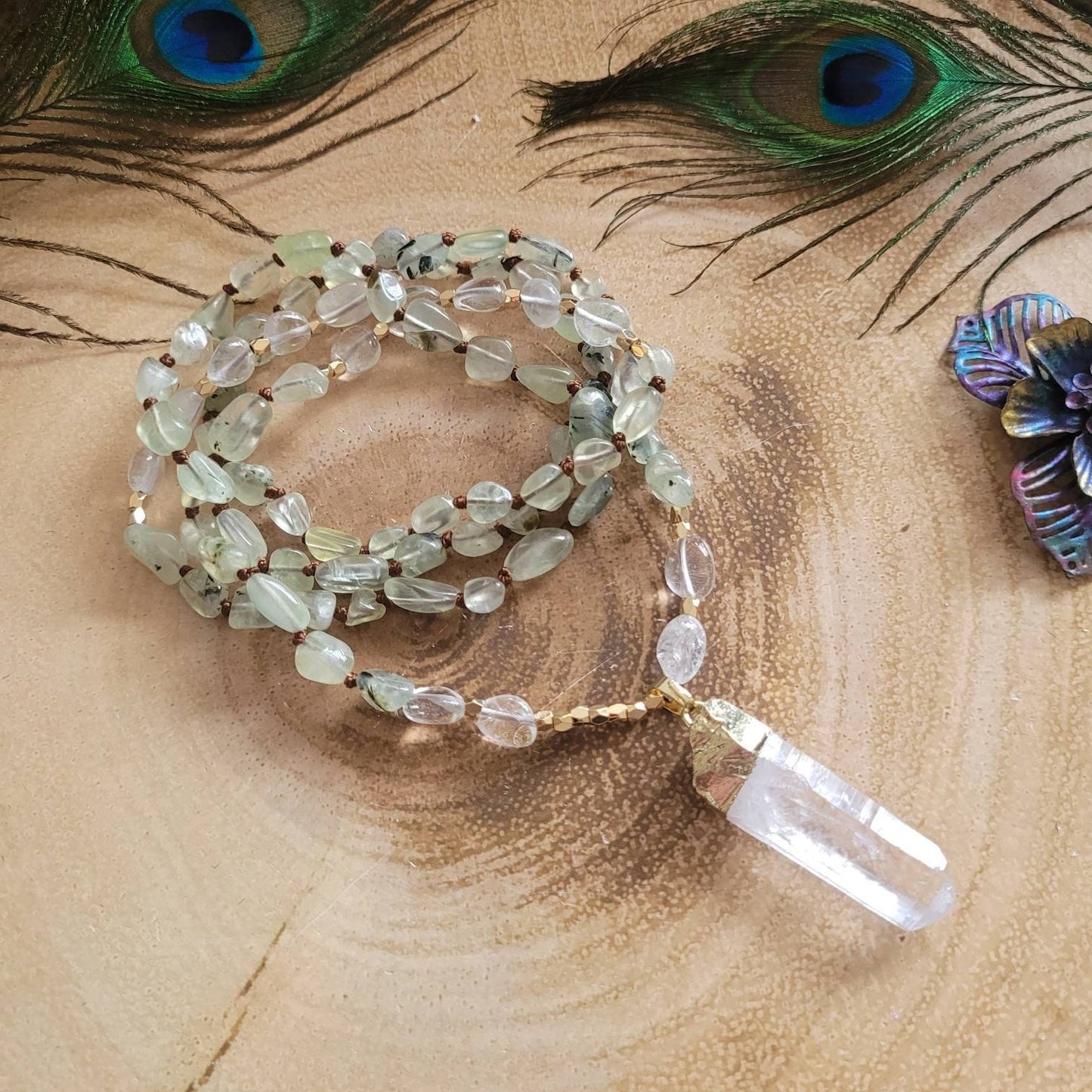 Prehnite necklace with Clear Quartz point pendant gift for him or her heart chakra jewellery for men or women witchy jewelry