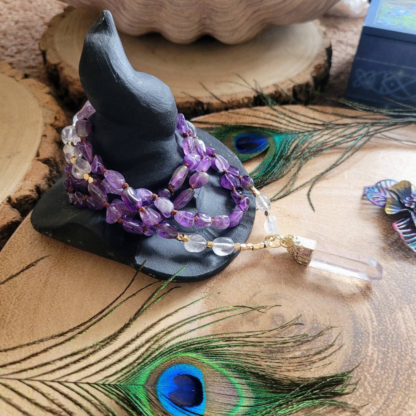 Amethyst necklace Knotted with Raw Clear Quartz Point crystal healing mala gift for her third eye jewellery for women