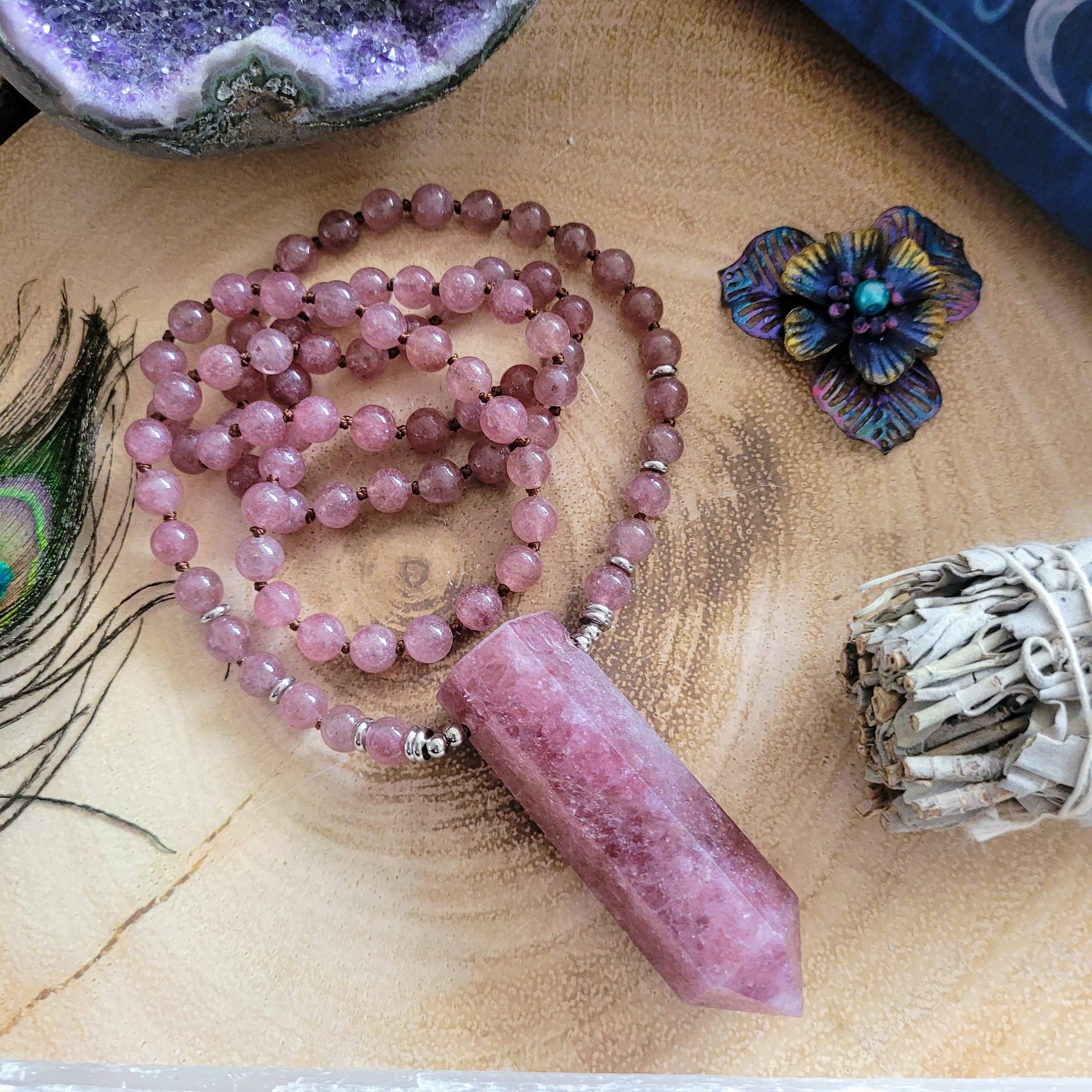 Strawberry quartz necklace with large point pendant knotted