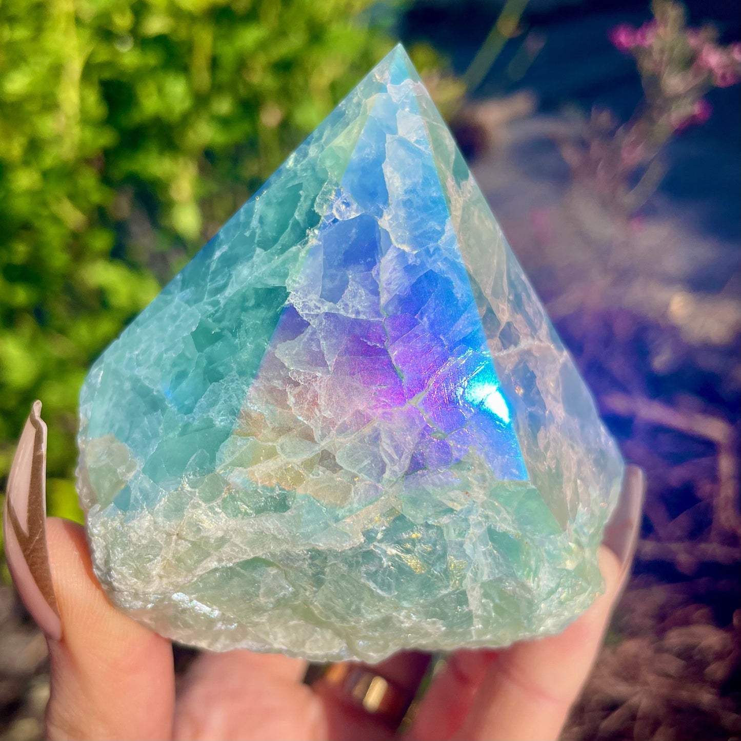 Sea Green Fluorite Aura Tower Half Polished Point 300-350g