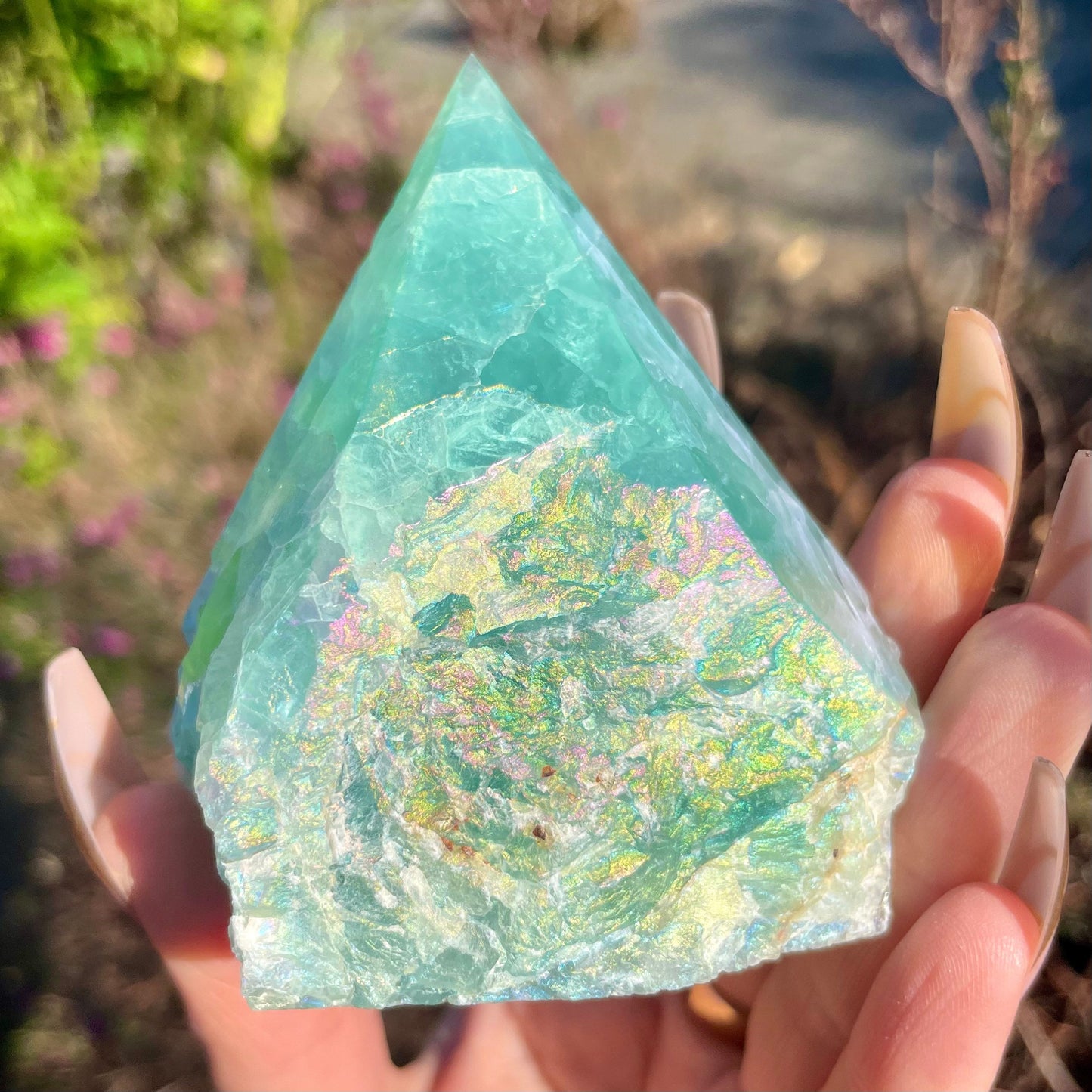 Sea Green Fluorite Aura Tower Half Polished Point 300-350g