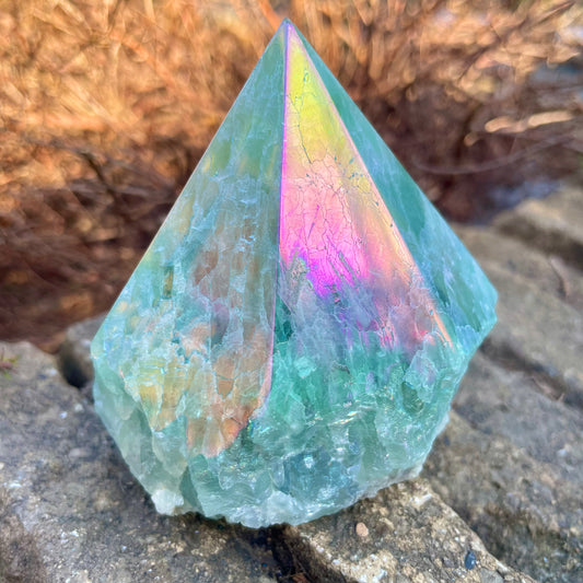Sea Green Fluorite Aura Tower Half Polished Point 300-350g
