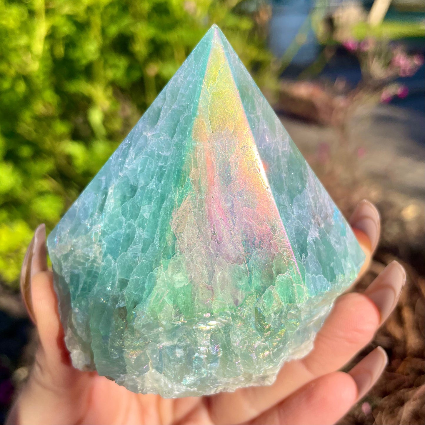 Sea Green Fluorite Aura Tower Half Polished Point 300-350g