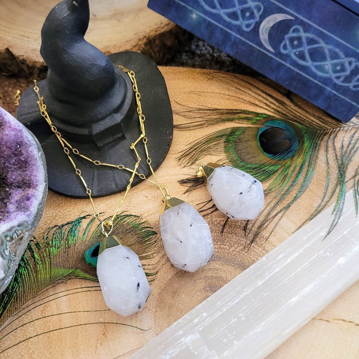 Black tourmaline in quartz pendant necklace gift for him or her faceted crystal healing jewellery witchy jewelry for women
