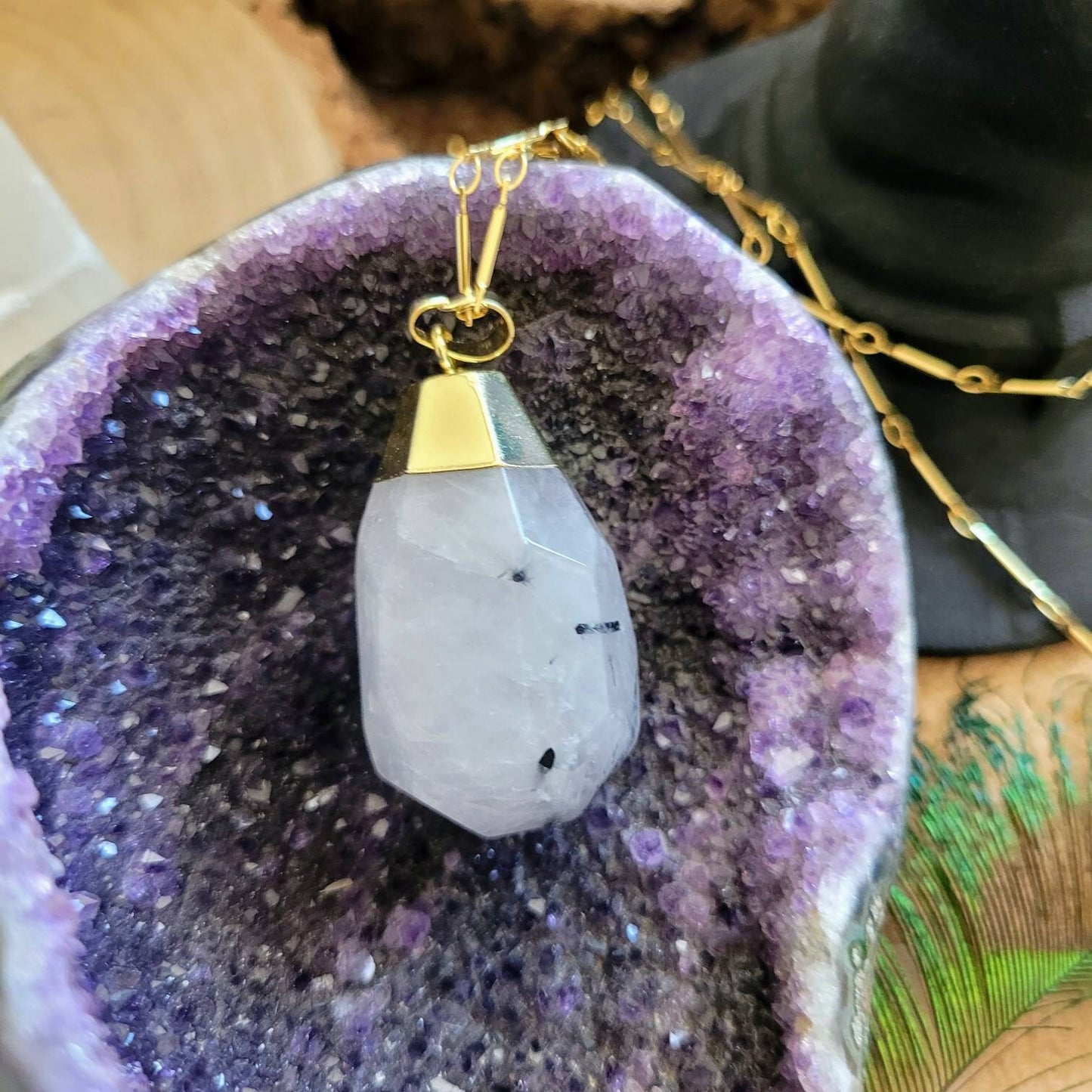 Black tourmaline in quartz pendant necklace gift for him or her faceted crystal healing jewellery witchy jewelry for women