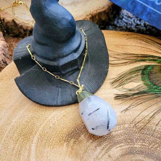 Black tourmaline in quartz pendant necklace gift for him or her faceted crystal healing jewellery witchy jewelry for women