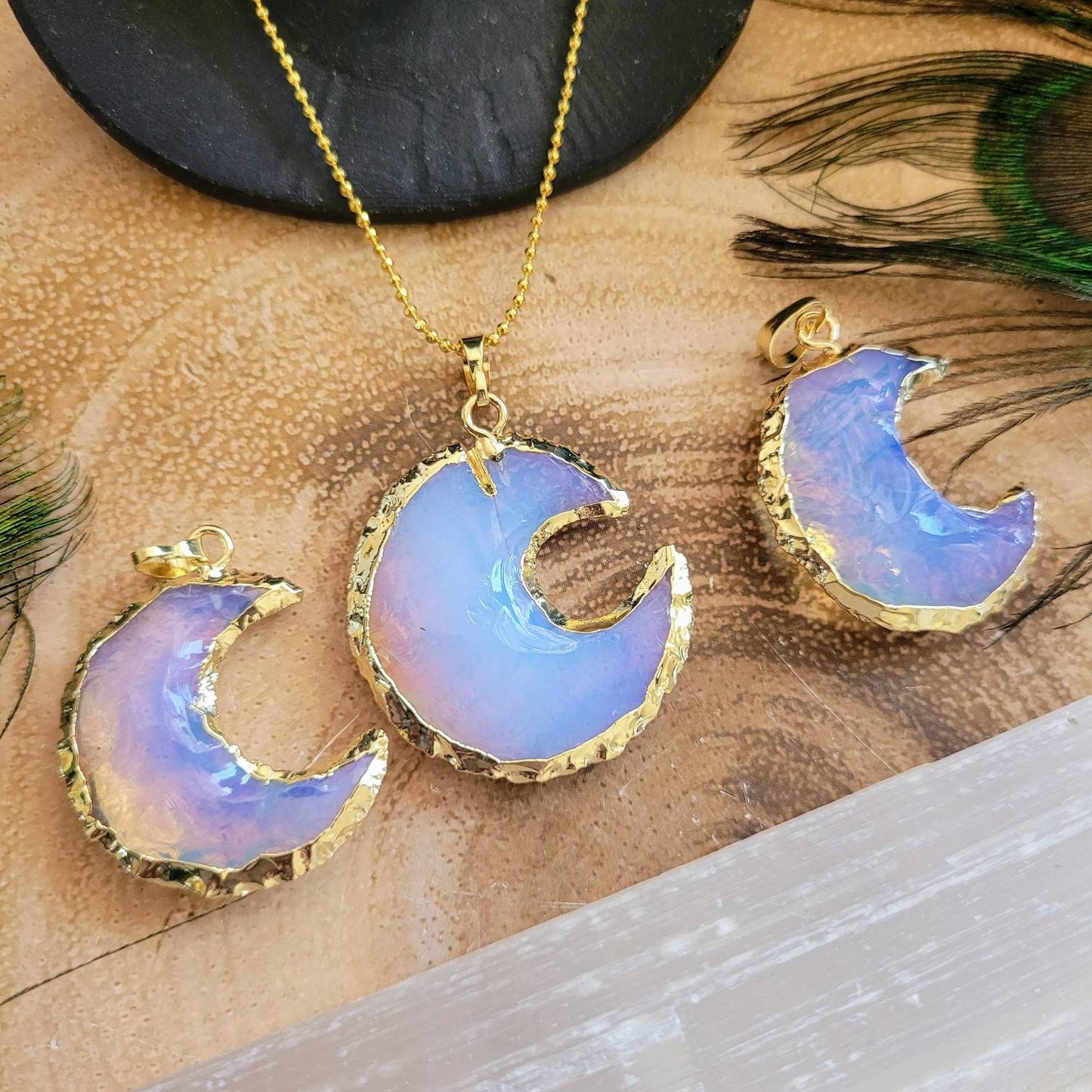 Opalite crescent moon pendant necklace raw stone crystal healing celestial witchy jewellery gift for him or her