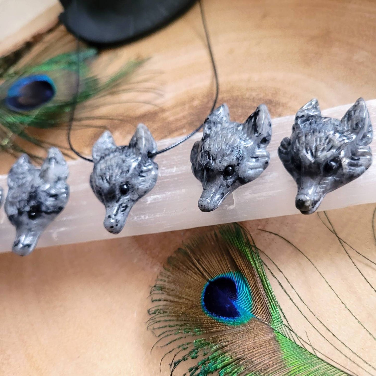 Larvikite necklace choker wolf head carved natural stone crystal healing root Chakra witchy jewellery for men or women