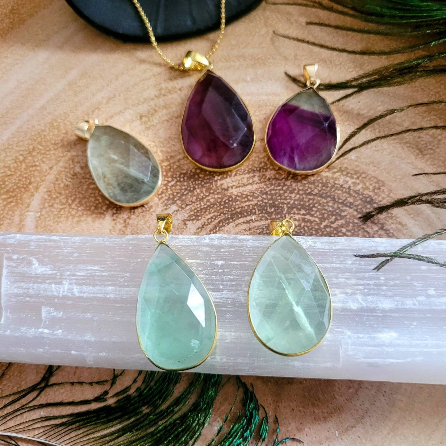 Rainbow fluorite necklace Faceted pendant crystal healing natural stone teardrop gift for him or her