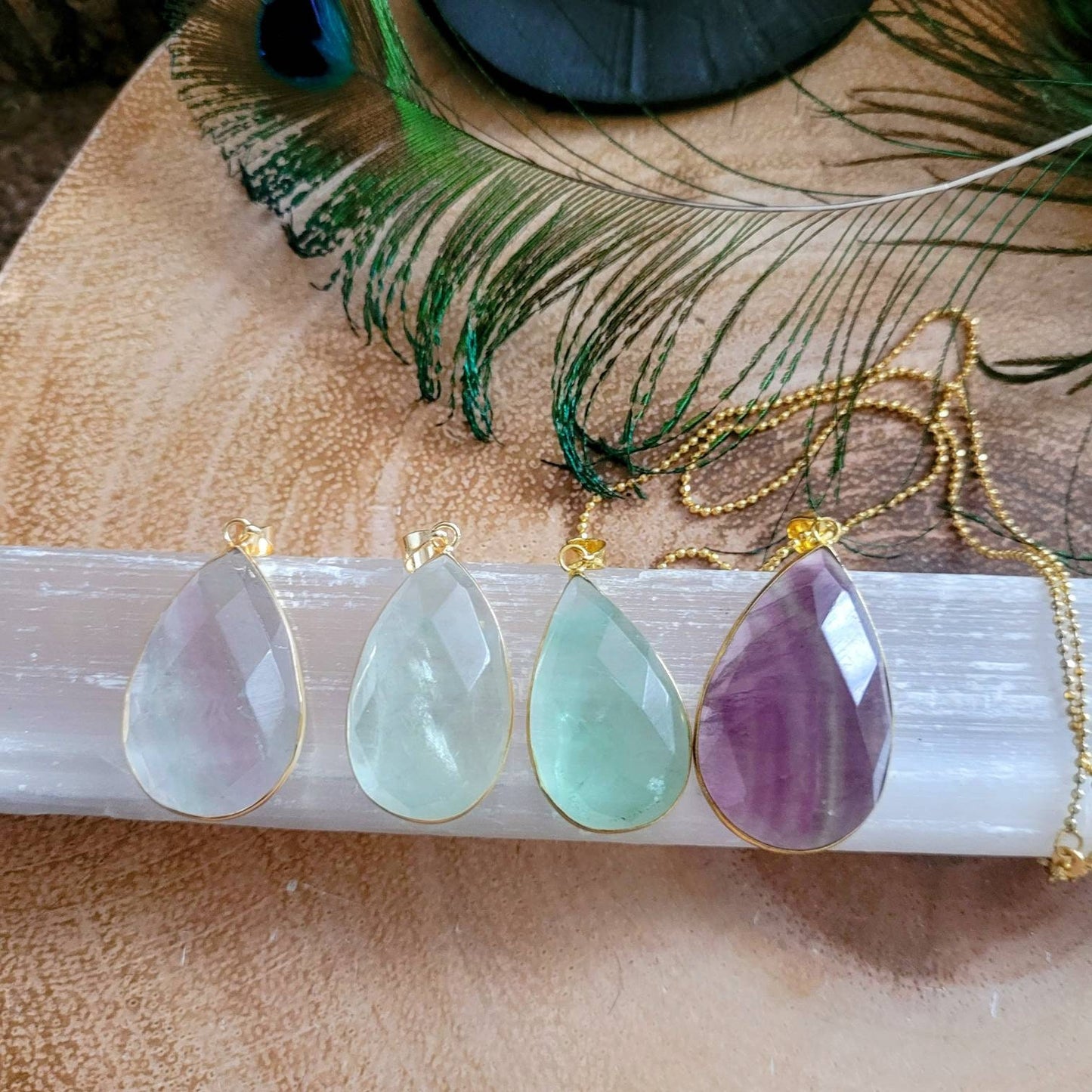 Rainbow fluorite necklace Faceted pendant crystal healing natural stone teardrop gift for him or her