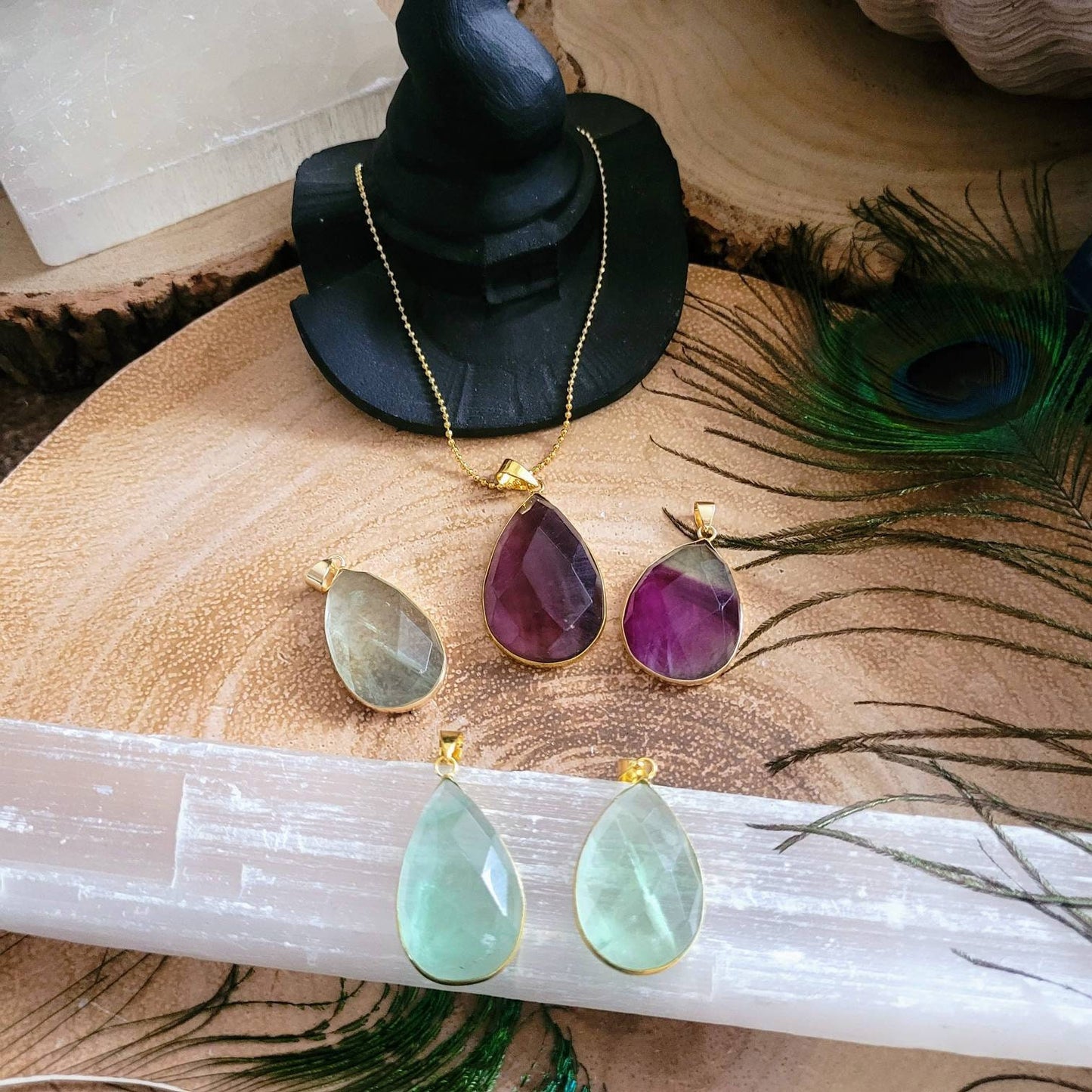 Rainbow fluorite necklace Faceted pendant crystal healing natural stone teardrop gift for him or her