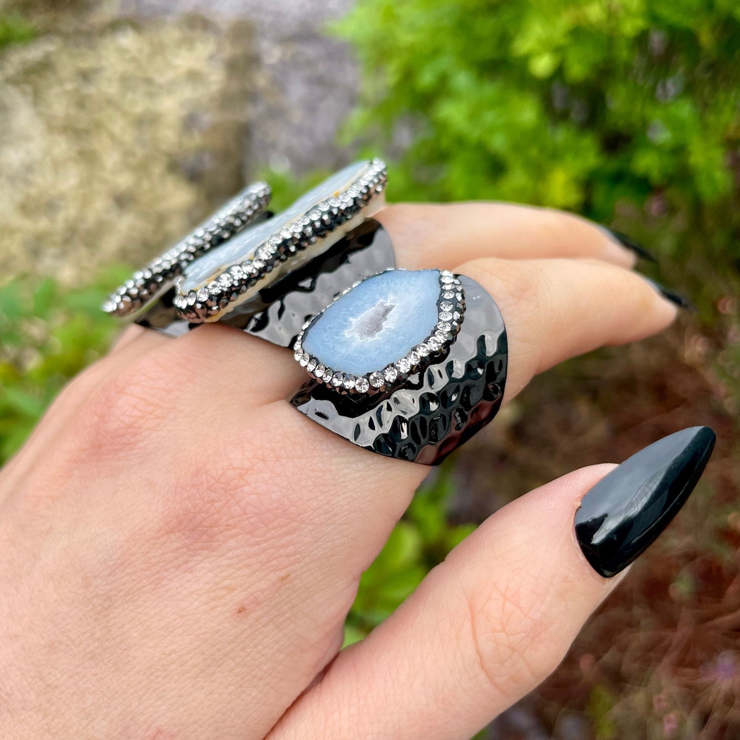 Druzy agate gunmetal cuff ring diamanté embellished crystal healing natural stone ring witchy jewellery size S