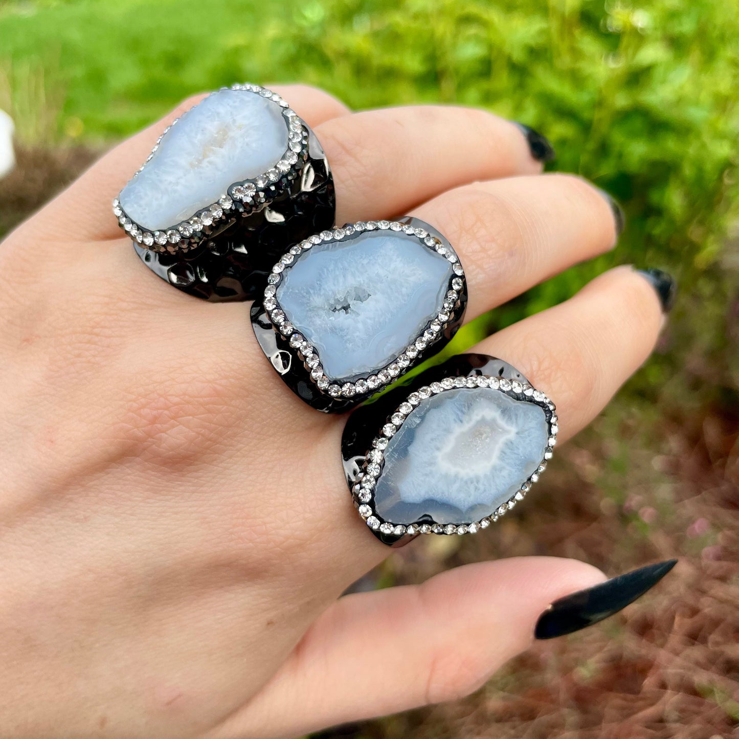 Druzy agate gunmetal cuff ring diamanté embellished crystal healing natural stone ring witchy jewellery size S