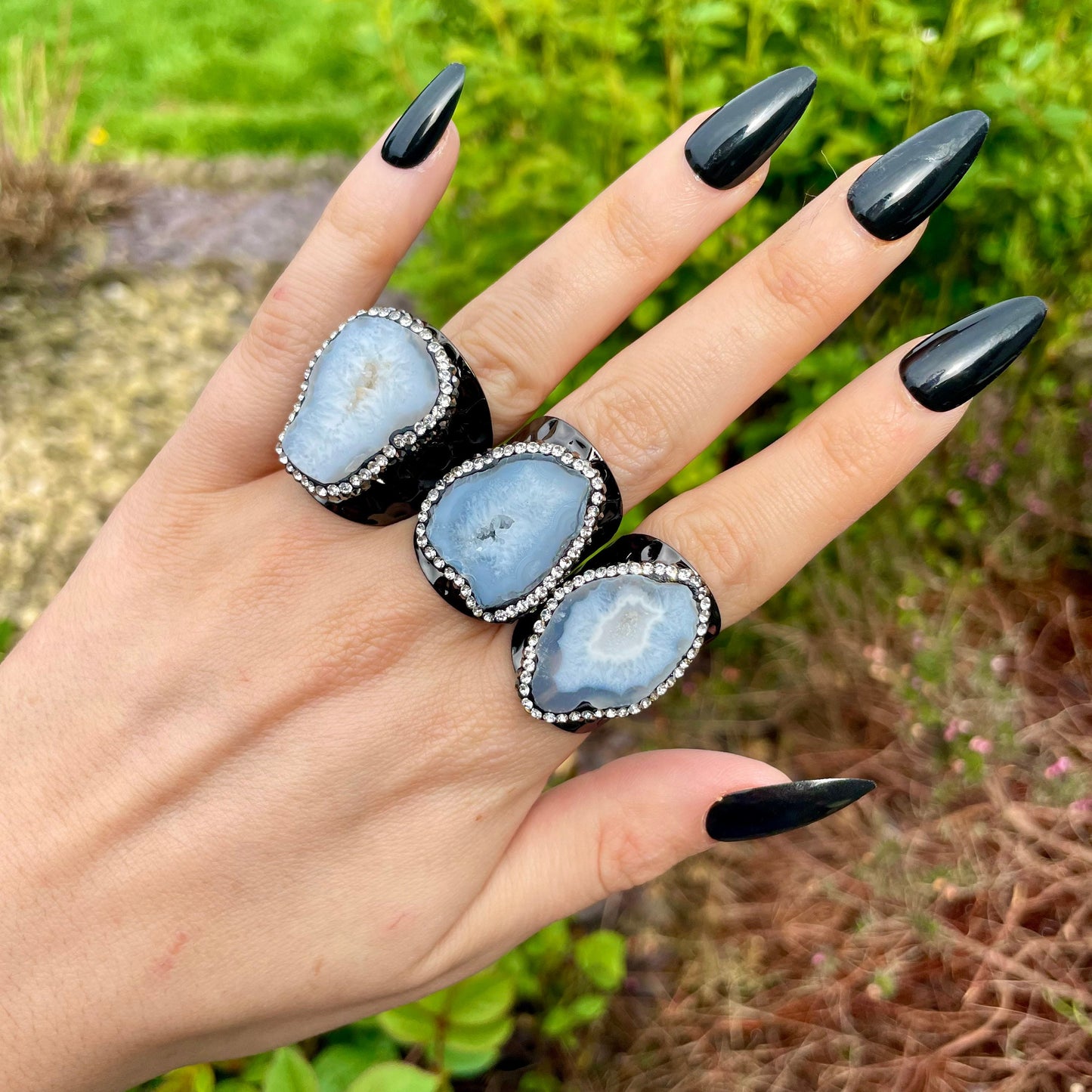Druzy agate gunmetal cuff ring diamanté embellished crystal healing natural stone ring witchy jewellery size S