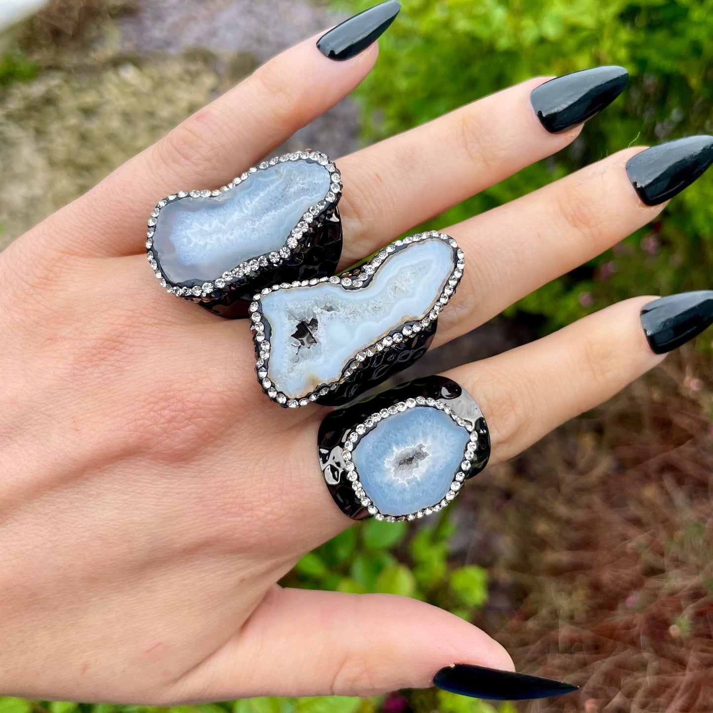 Druzy agate gunmetal cuff ring diamanté embellished crystal healing natural stone ring witchy jewellery size S