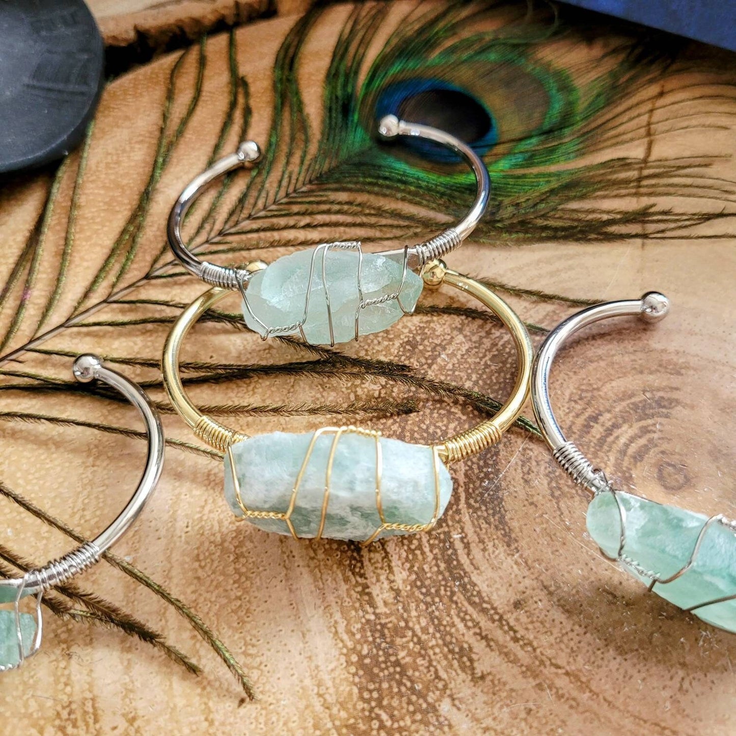 fluorite wire wrapped raw stone cuff bracelet crystal healing gift for her gemstone bangle for women witchy jewellery