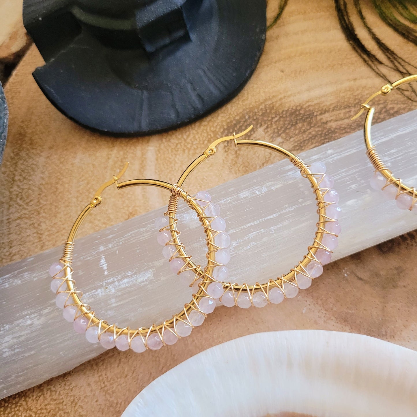 Rose Quartz Hoop Earrings crystal healing natural stone - Self Love, Attract Love, Inner Peace, Purity, Gift, Crystal gift for her witchy