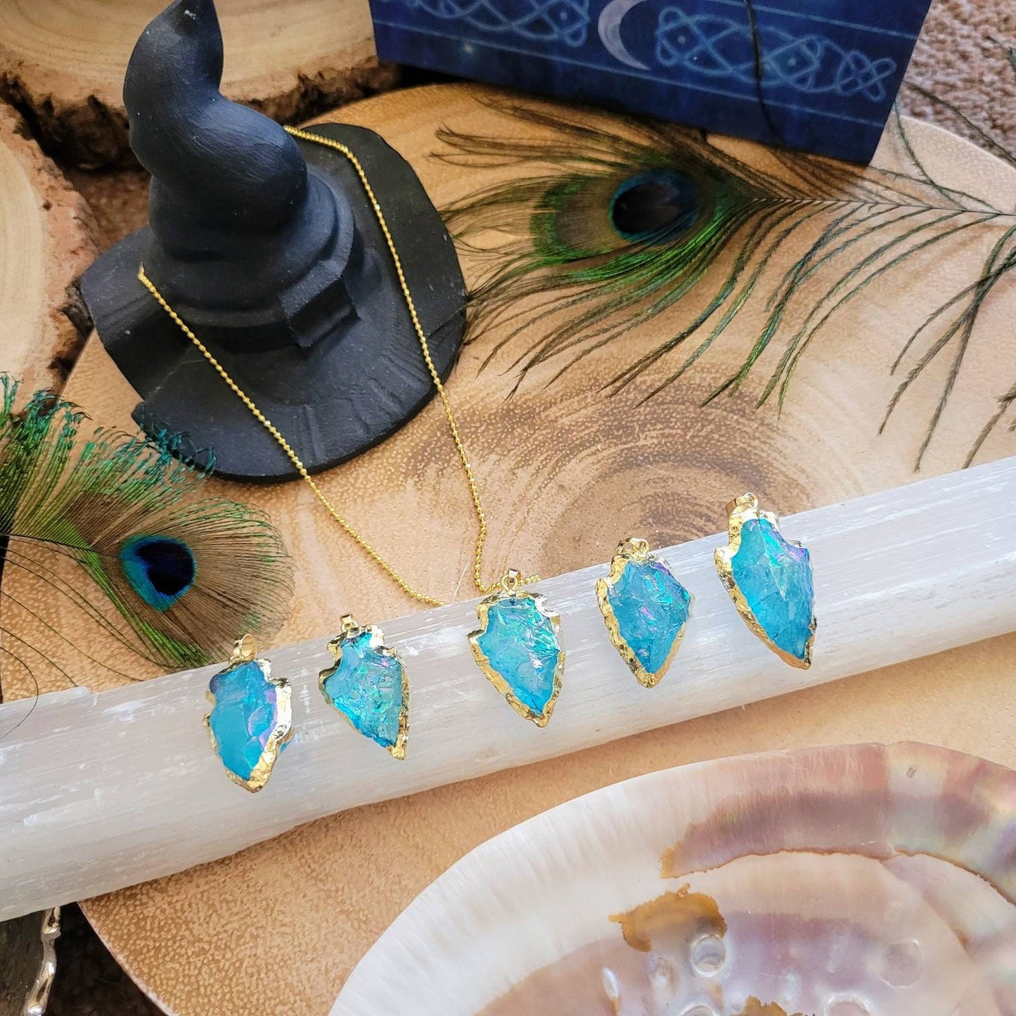 Aqua Aura Quartz Arrow Necklace Pendant Crystal Healing Raw Stone Witchy Jewellery for women or men gift for him or her
