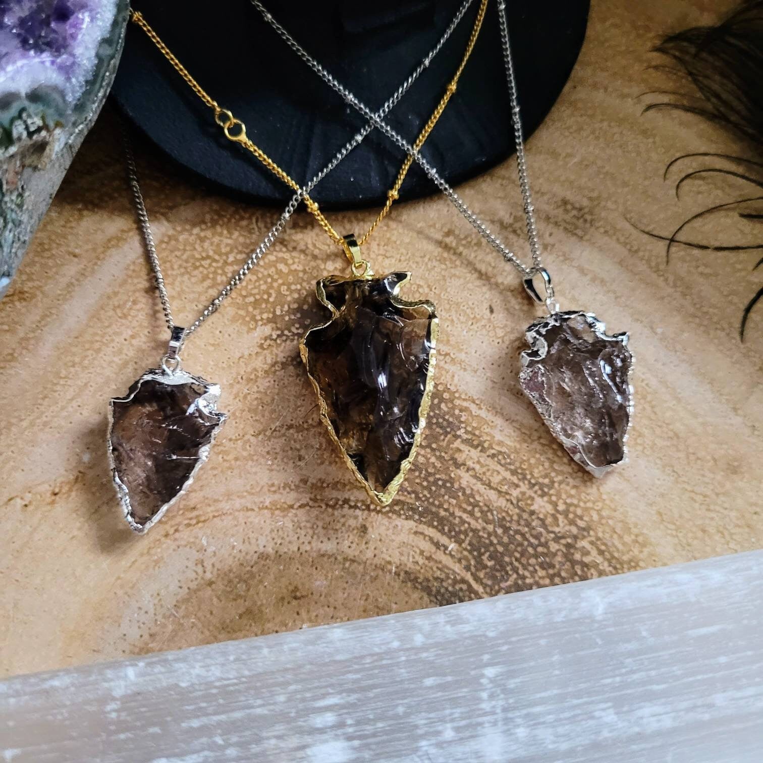 Smoky Quartz necklace arrow pendant Crystal healing raw natural stone