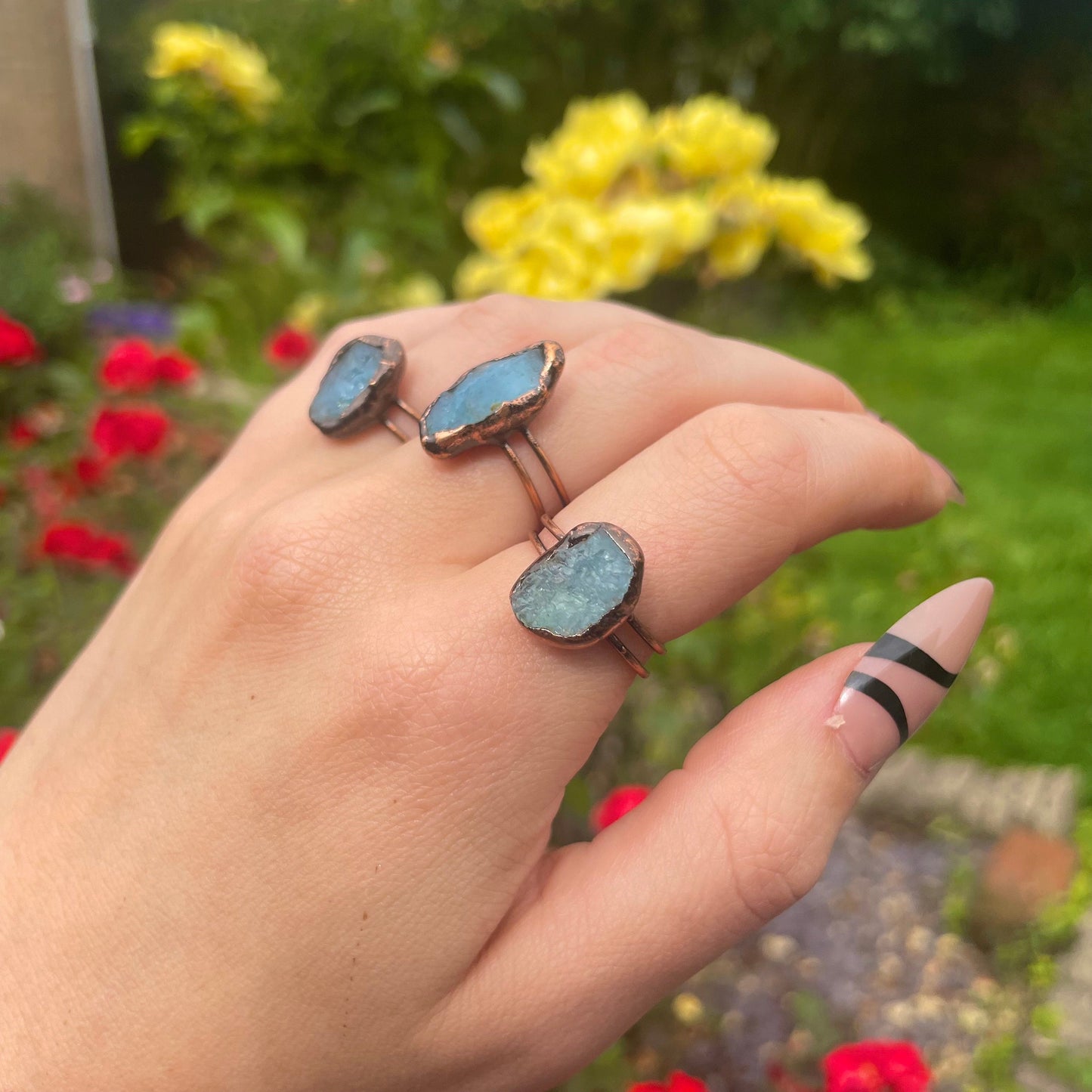 Aquamarine antique style adjustable size ring crystal healing natural stone witchy vintage jewelry raw stone ring