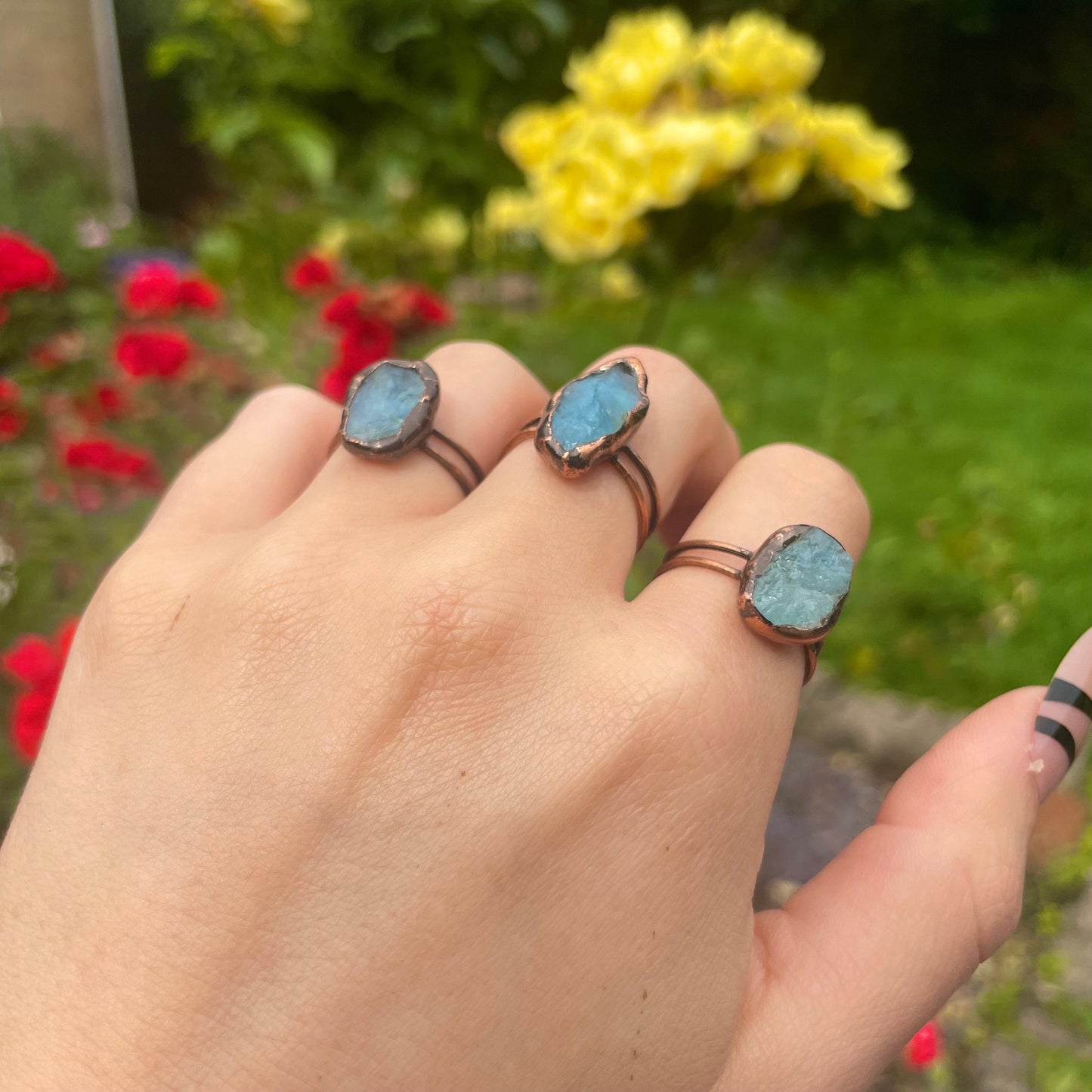 Aquamarine antique style adjustable size ring crystal healing natural stone witchy vintage jewelry raw stone ring