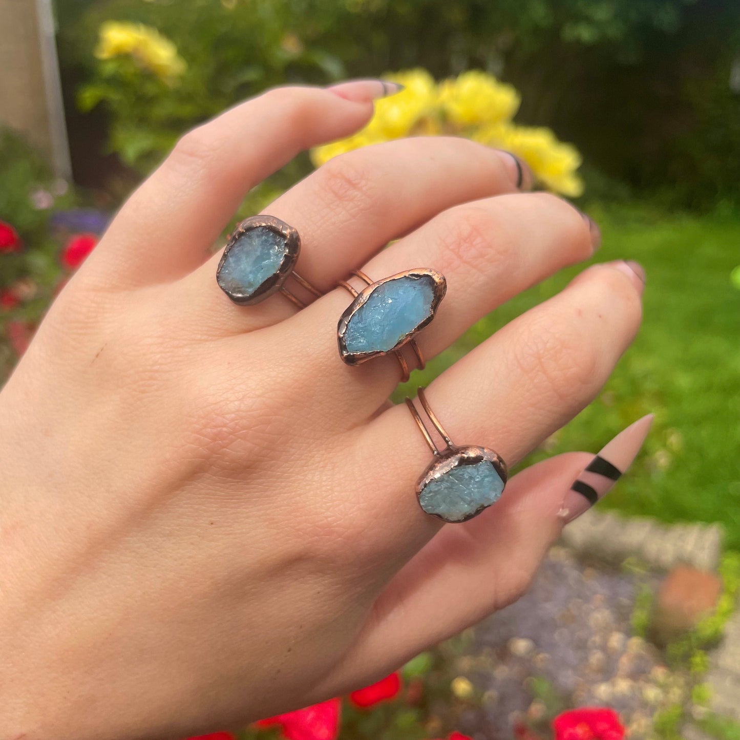Aquamarine antique style adjustable size ring crystal healing natural stone witchy vintage jewelry raw stone ring