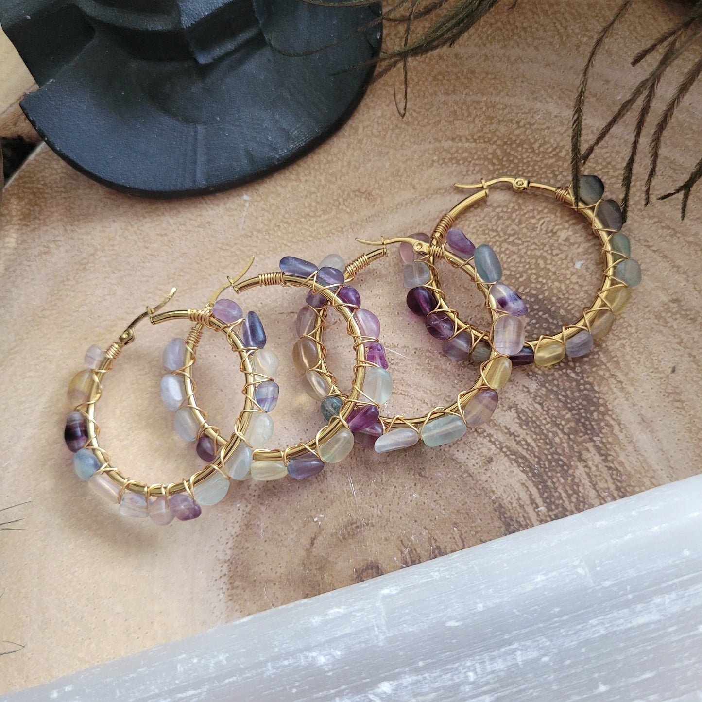 Rainbow fluorite earrings large hoop crystal healing  jewellery natural stone gemstone jewelry