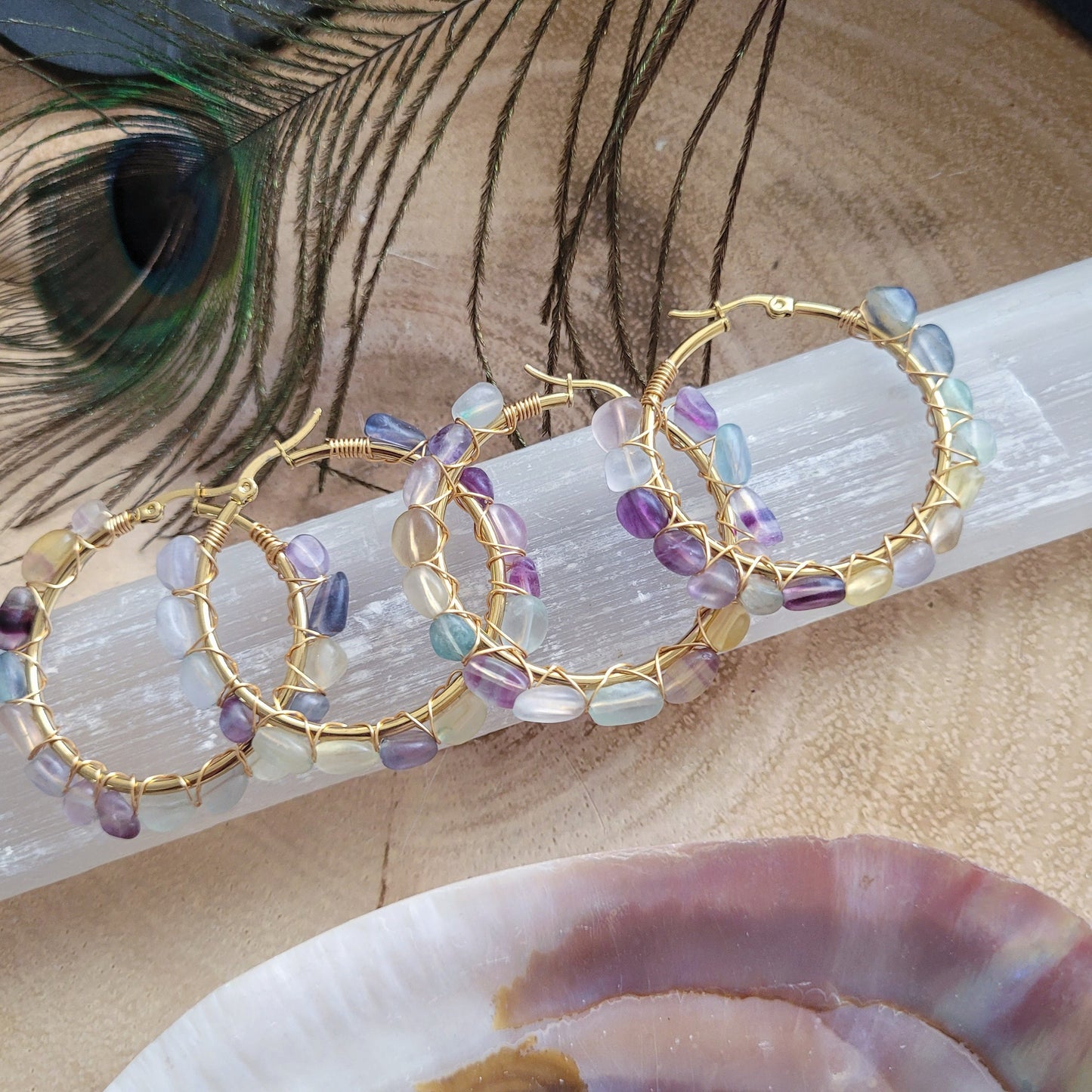 Rainbow fluorite earrings large hoop crystal healing  jewellery natural stone gemstone jewelry