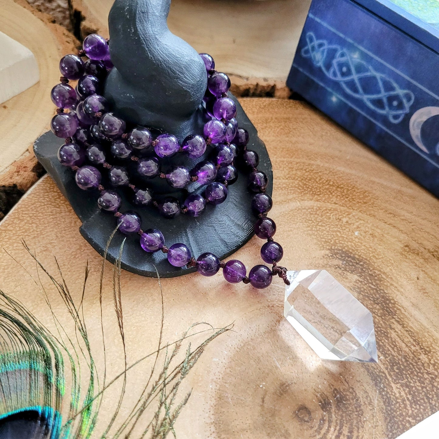 Amethyst necklace clear quartz double terminated point pendant mala jewellery for her witchy gift for men or women