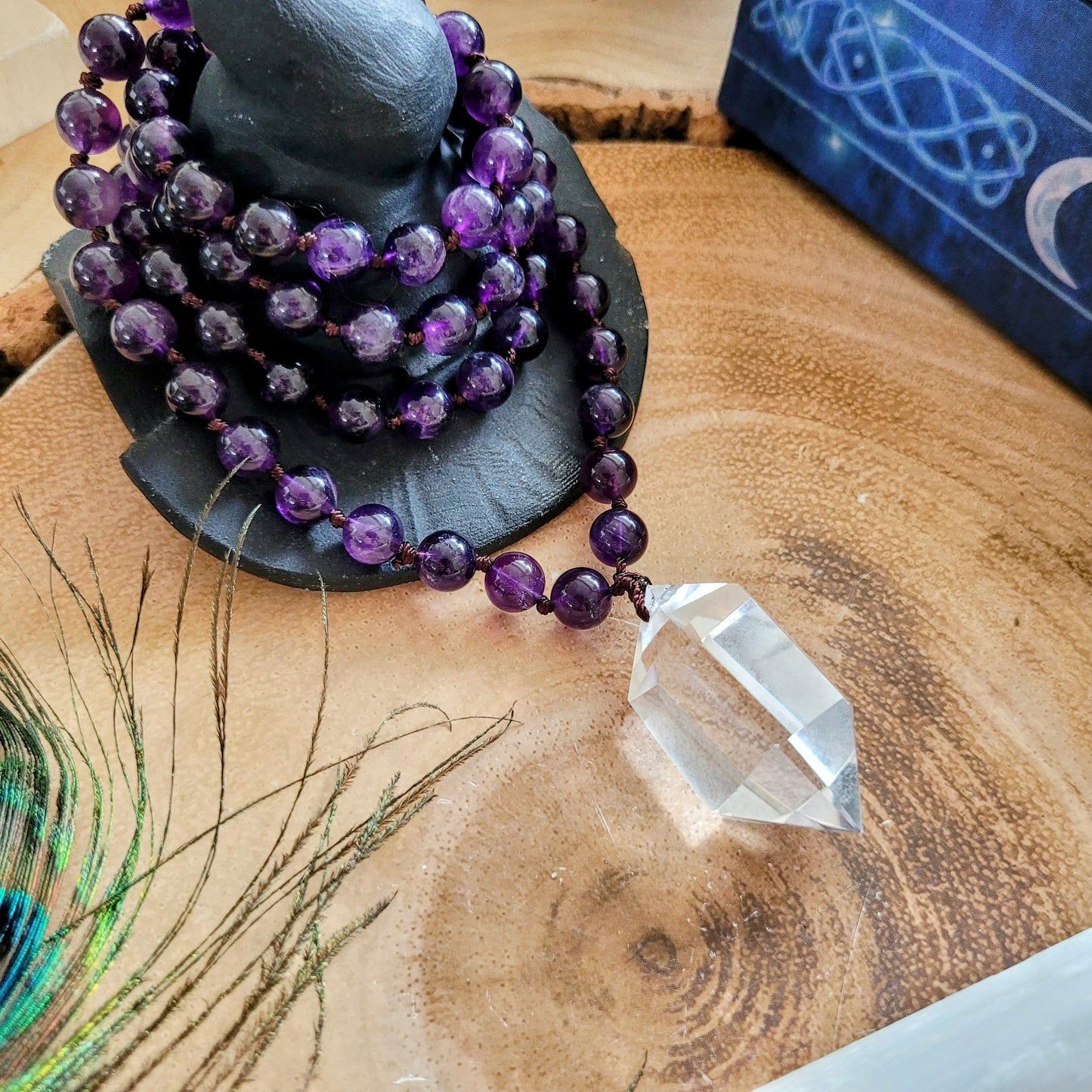 Amethyst necklace clear quartz double terminated point pendant mala jewellery for her witchy gift for men or women