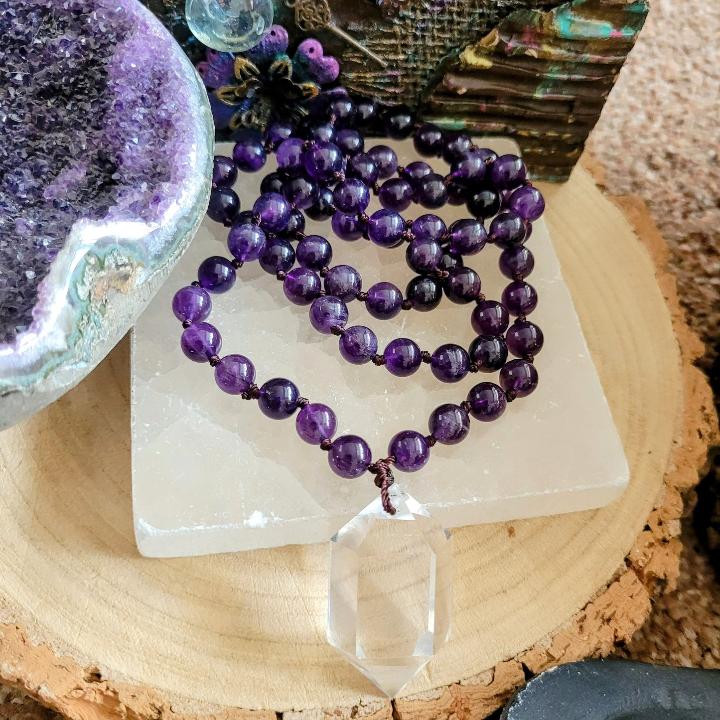 Amethyst necklace clear quartz double terminated point pendant mala jewellery for her witchy gift for men or women