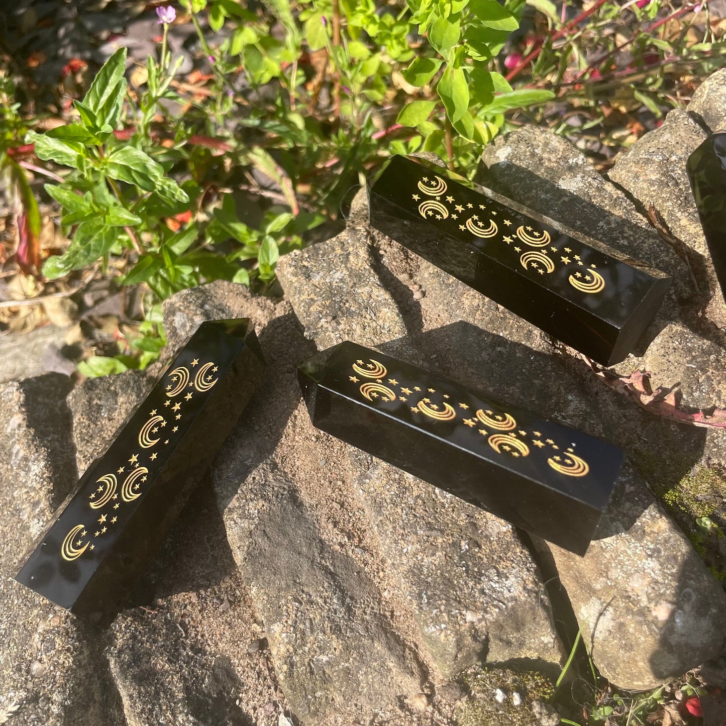 Black Obsidian Tower Celestial Moon Engraved Obelisk Spiritual Home Decor